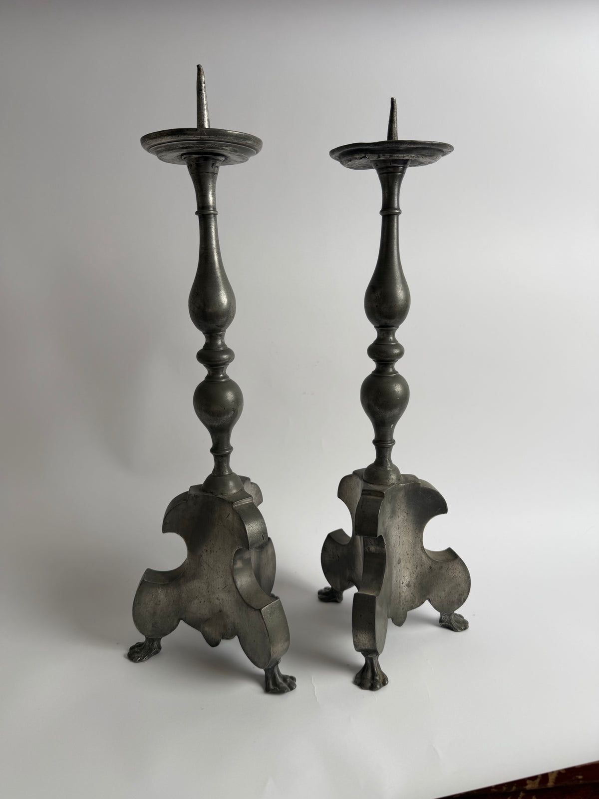 Pair of 18th-century German pewter pricket candlesticks