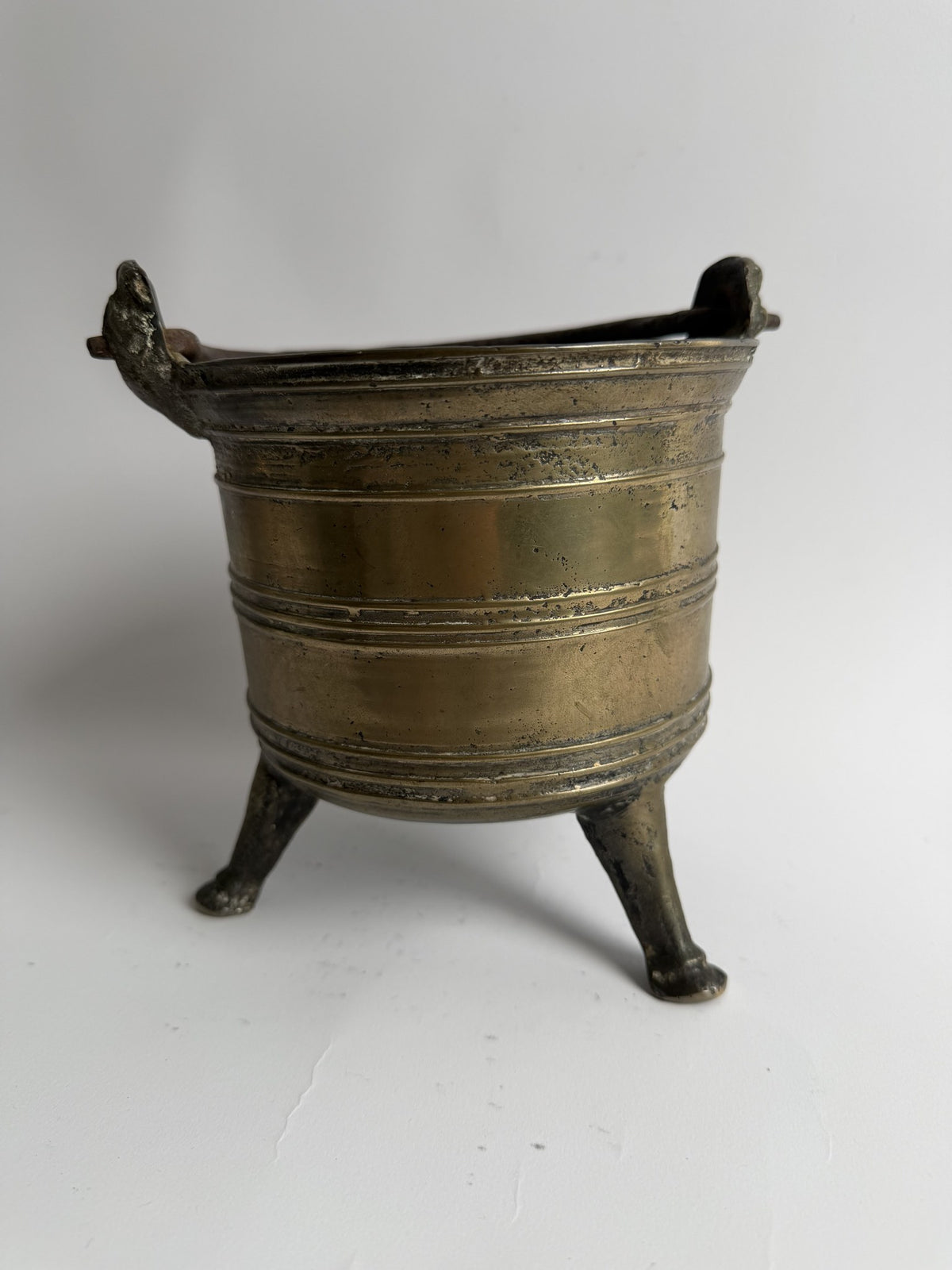 Brass Three-Footed Cauldron with Iron Handle