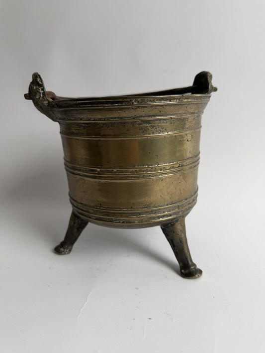 Brass Three-Footed Cauldron with Iron Handle