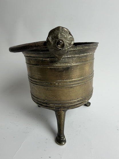 Brass Three-Footed Cauldron with Iron Handle