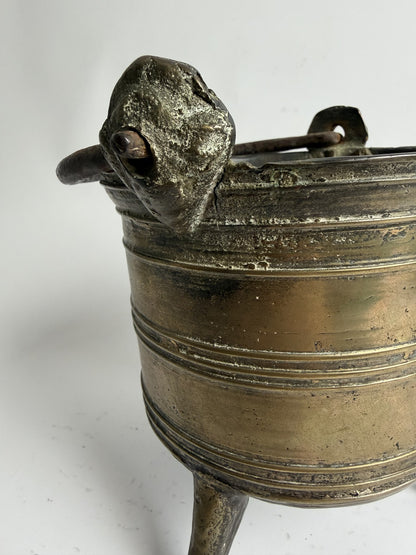 Brass Three-Footed Cauldron with Iron Handle