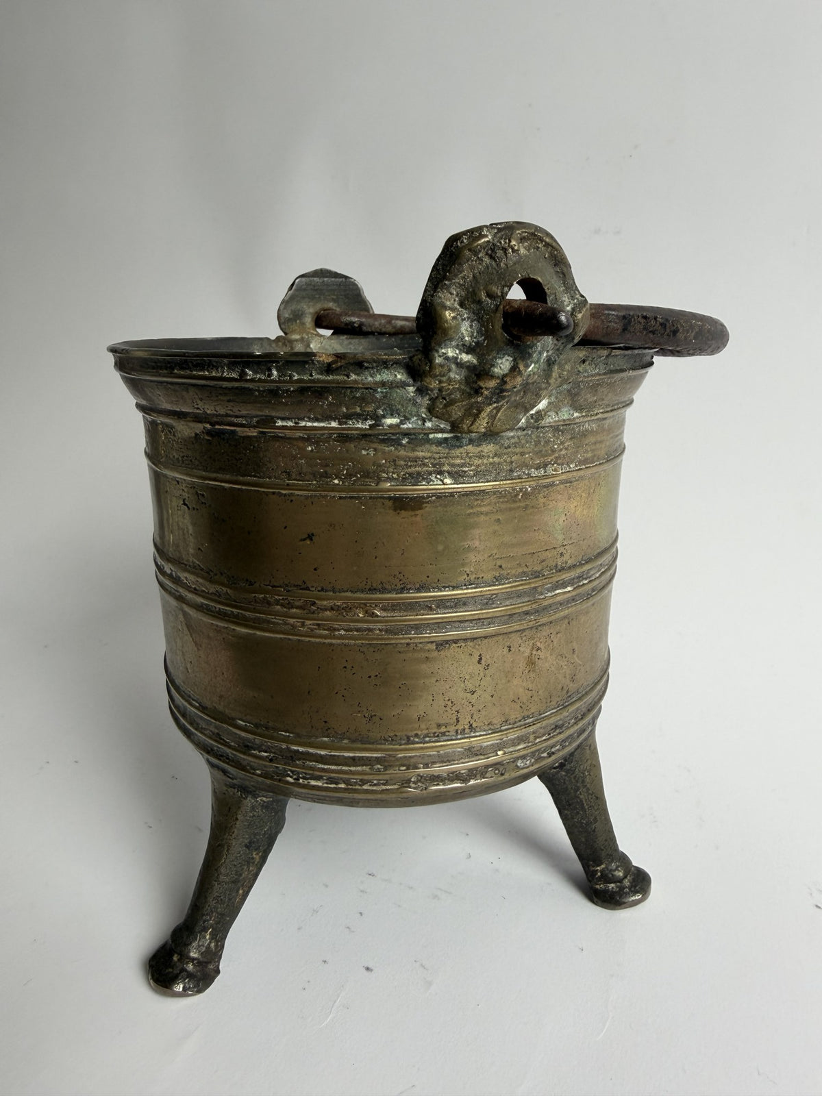 Brass Three-Footed Cauldron with Iron Handle