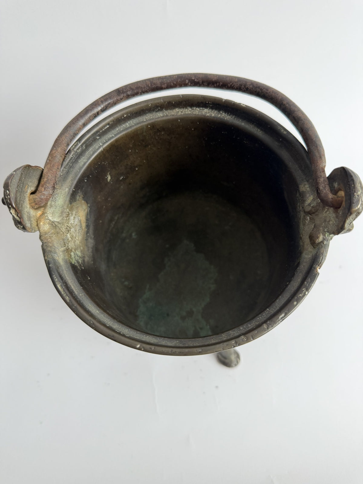 Brass Three-Footed Cauldron with Iron Handle